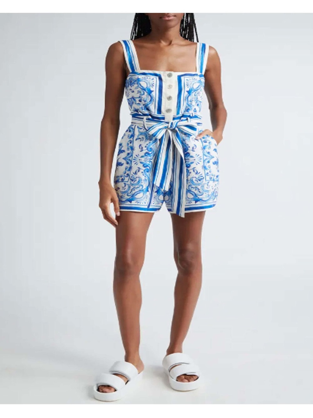 FARM Rio Blue & White Garden Tiles Belted Printed Romper - Picture 6 of 9
